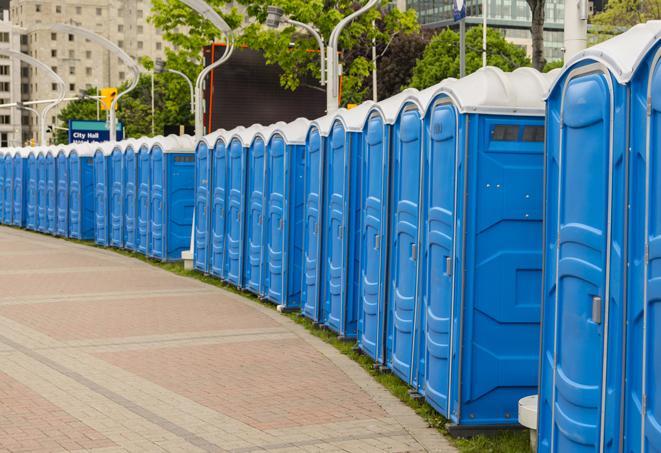 Seasonal porta potty units set up at a Hayward, California venue